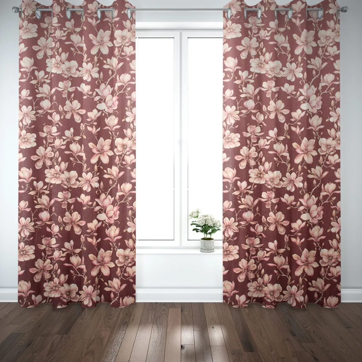 SCHÖNER LEBEN. Vorhang Velvet Deluxe Sweet Magnolia Magnolien bordeaux rosa 245cm oder Wunschlänge