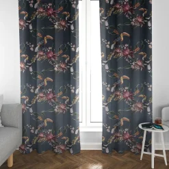 SCHÖNER LEBEN. Vorhang Velvet Digitaldruck Exotik Kakadu Blüten dunkelblau multicolor 245cm oder Wunschlänge