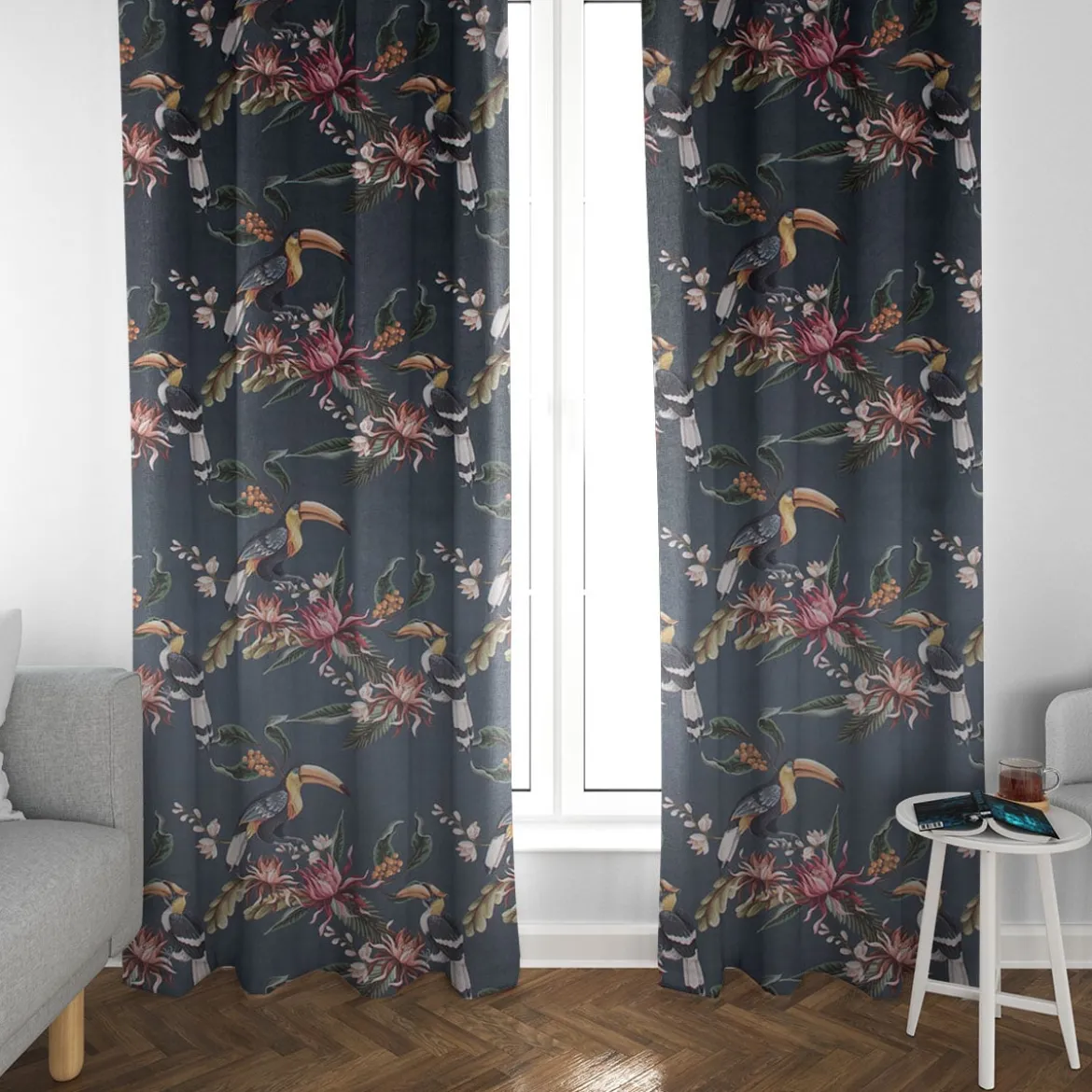 SCHÖNER LEBEN. Vorhang Velvet Digitaldruck Exotik Kakadu Blüten dunkelblau multicolor 245cm oder Wunschlänge