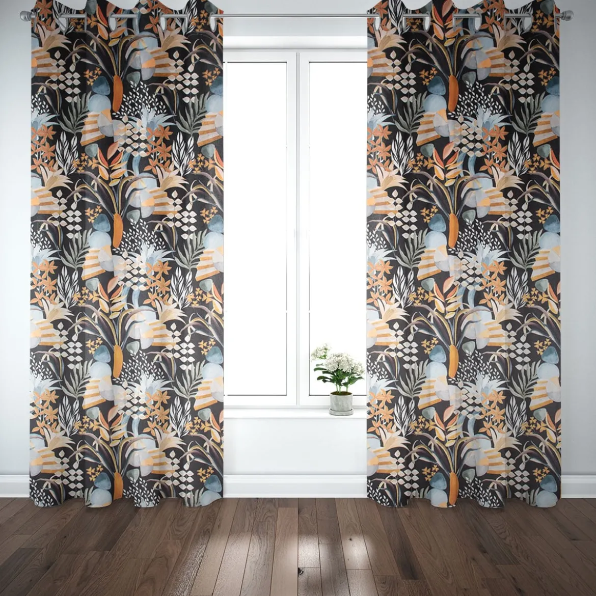 SCHÖNER LEBEN. Vorhang Velvet Digitaldruck Art Deco Blätter Formen schwarz orange 245cm oder Wunschlänge