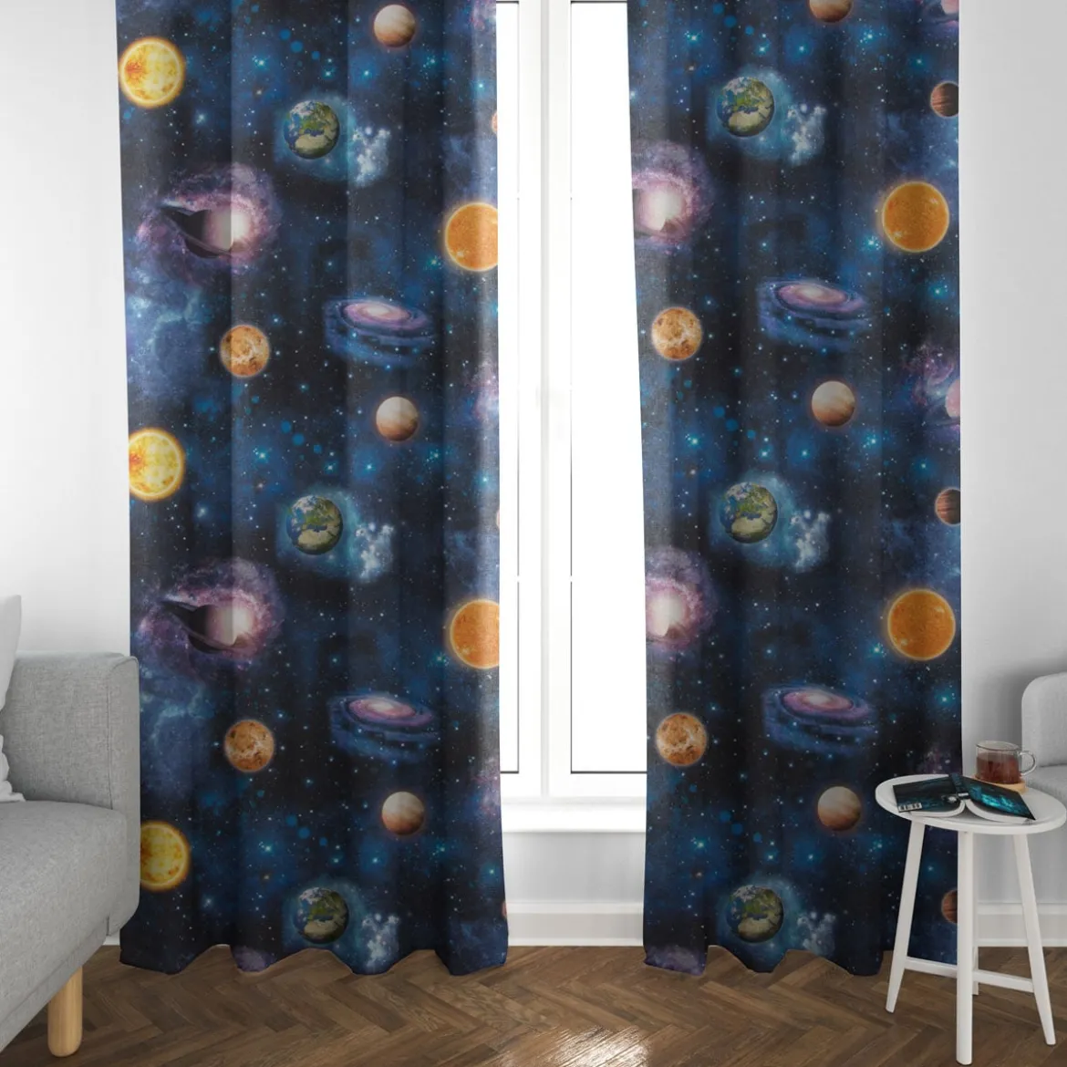 SCHÖNER LEBEN. Vorhang Weltall Weltraum Planeten Erde blau bunt 245cm oder Wunschlänge