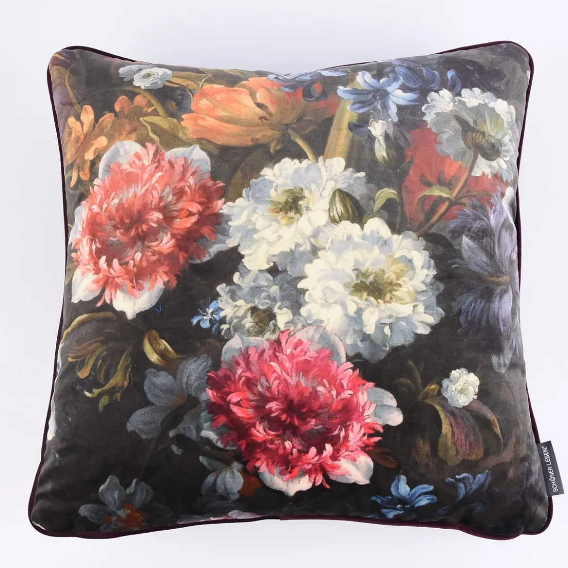 SCHÖNER LEBEN. Wendekissen mit Kederumrandung und Federfüllung Samt Blumen bunt beere 50x50cm