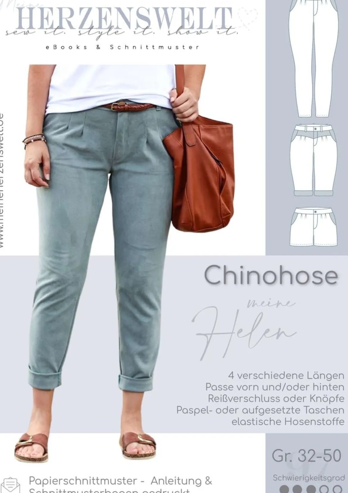 Schnittmuster Chino Hose Damen Papierschnittmuster meine Helen Gr. 32-50 von Meine Herzenswelt