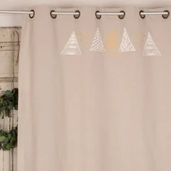 Ösengardine aus Baumwolle bedruckt Weihnachtsbäume natur weiß goldfarbig 140x260cm