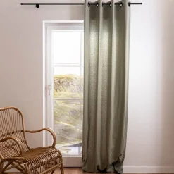 Ösengardine aus Dobbystoff schmale Streifen grün beige mit Ösen schwarz 130x245cm oder Wunschlänge von SCHÖNER LEBEN.