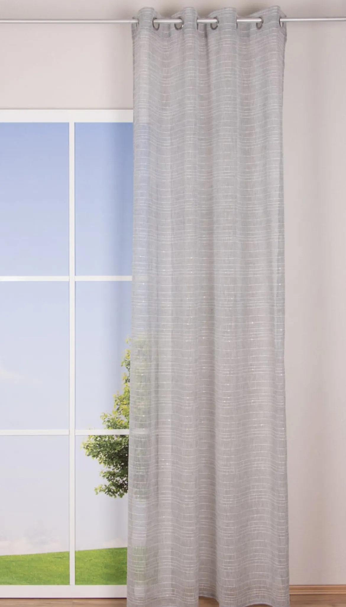 Ösengardine Schnurstreifen mit Glitzerpailletten grau weiß 135x260cm