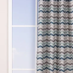 Ösenvorhang Jacquard Leinenoptik Chevronmuster weiß blau grau 135x250cm