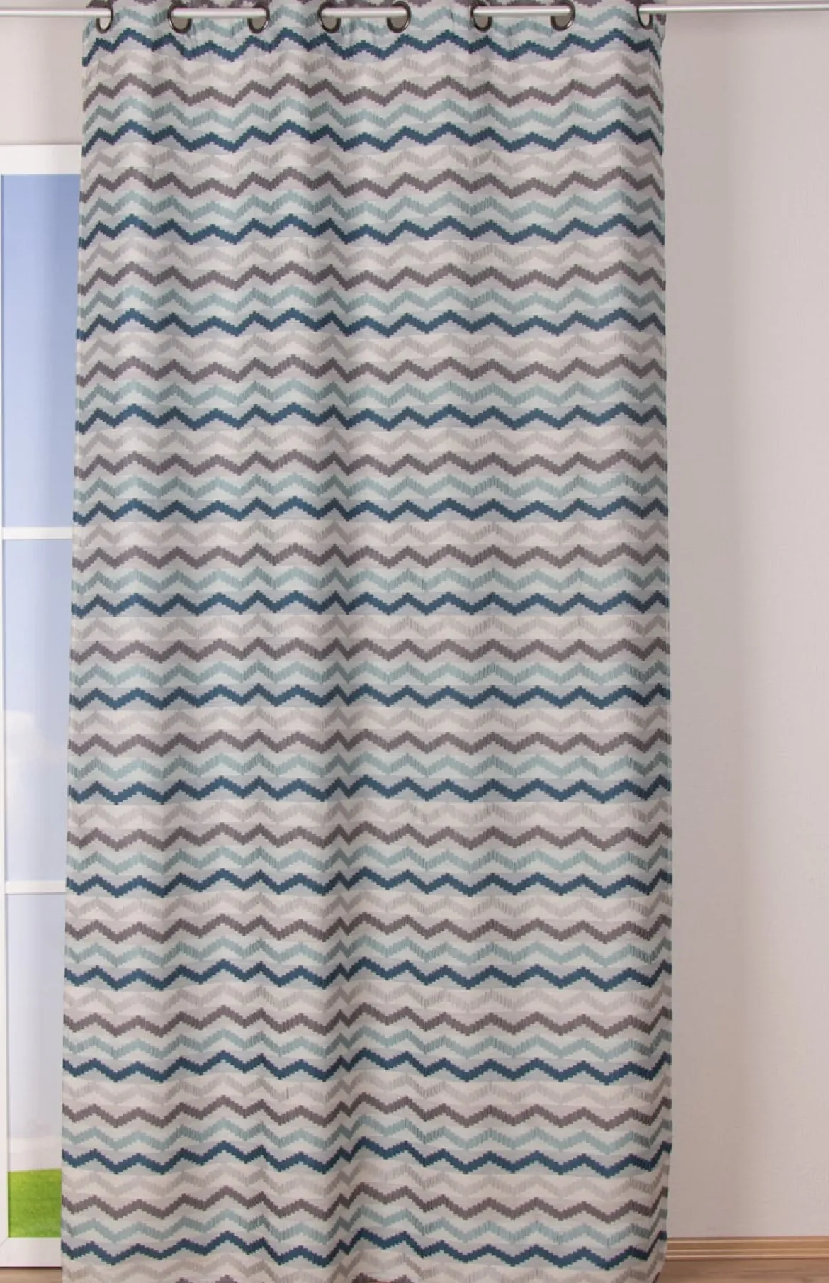 Ösenvorhang Jacquard Leinenoptik Chevronmuster weiß blau grau 135x250cm