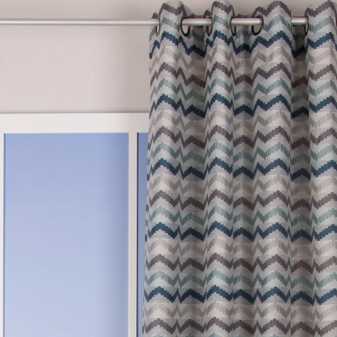 Ösenvorhang Jacquard Leinenoptik Chevronmuster weiß blau grau 135x250cm