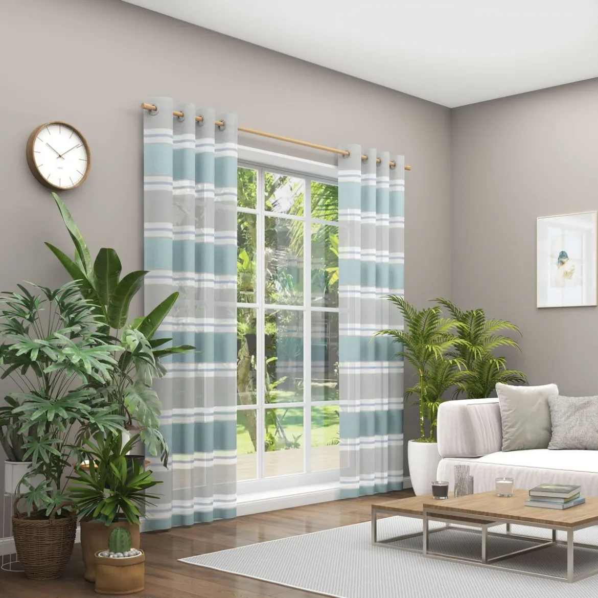 Ösenvorhang Valeska Eco nachhaltig Streifen ecru grau blau 144x245cm (BxH)