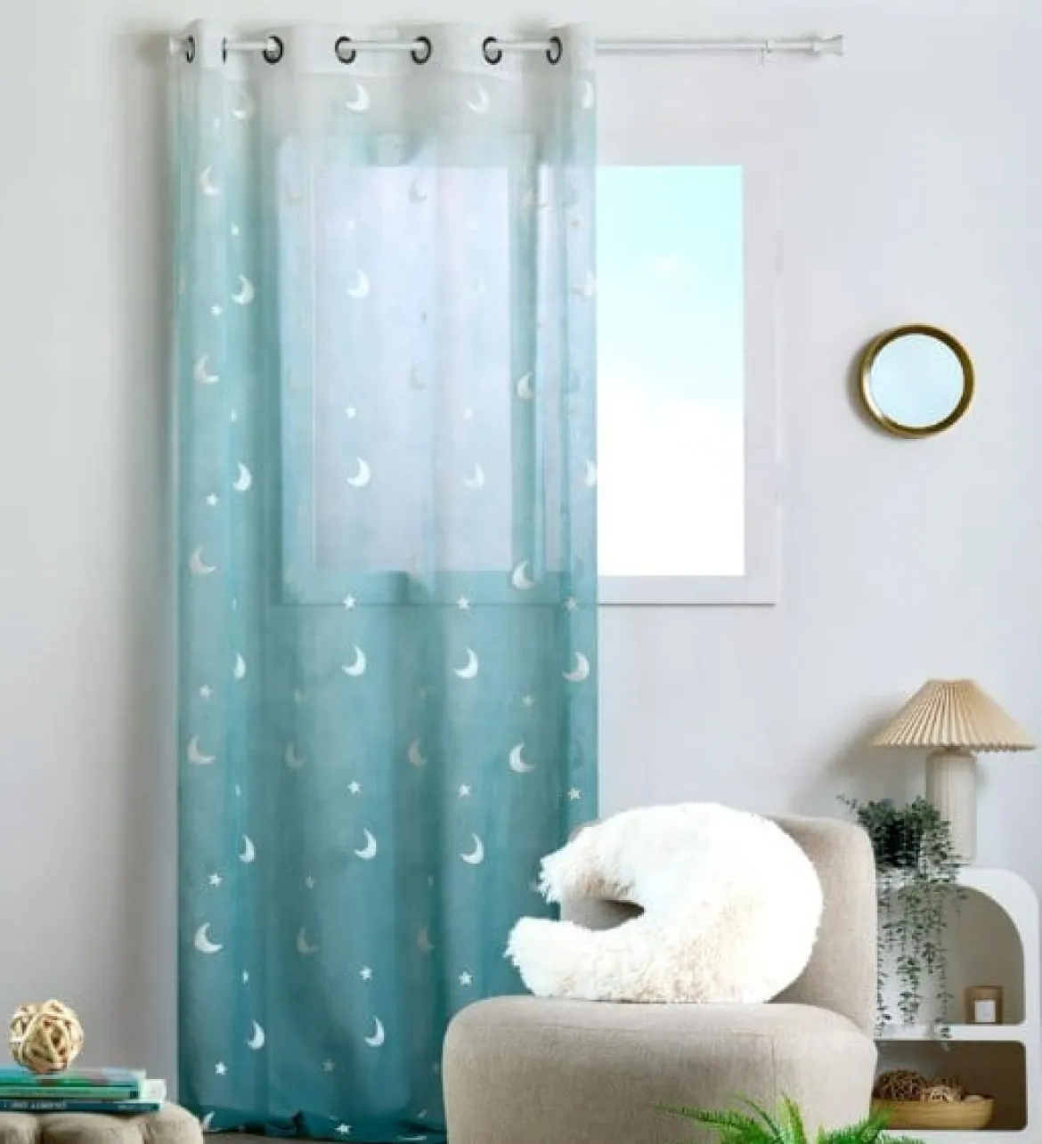 Ösenvorhang Voile mit Stickerei Sterne und Monde Farbverlauf blau 140x260 cm