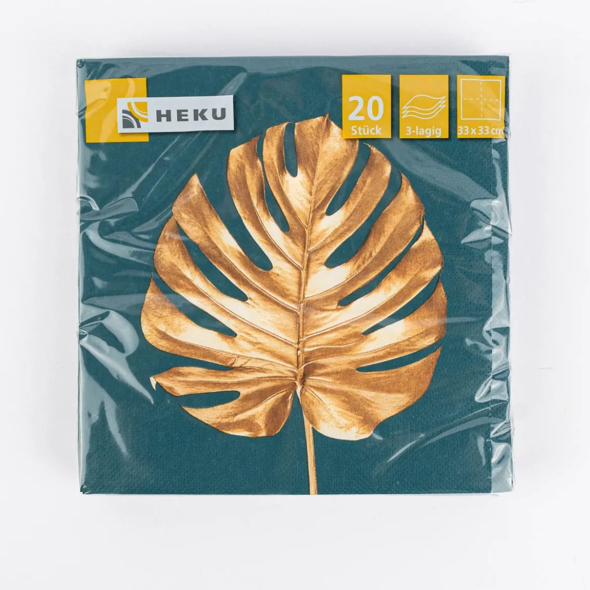 Serviette Golden Leaf Monstera-Blatt türkis goldfarbig 33x33cm 3lagig 20 Stück