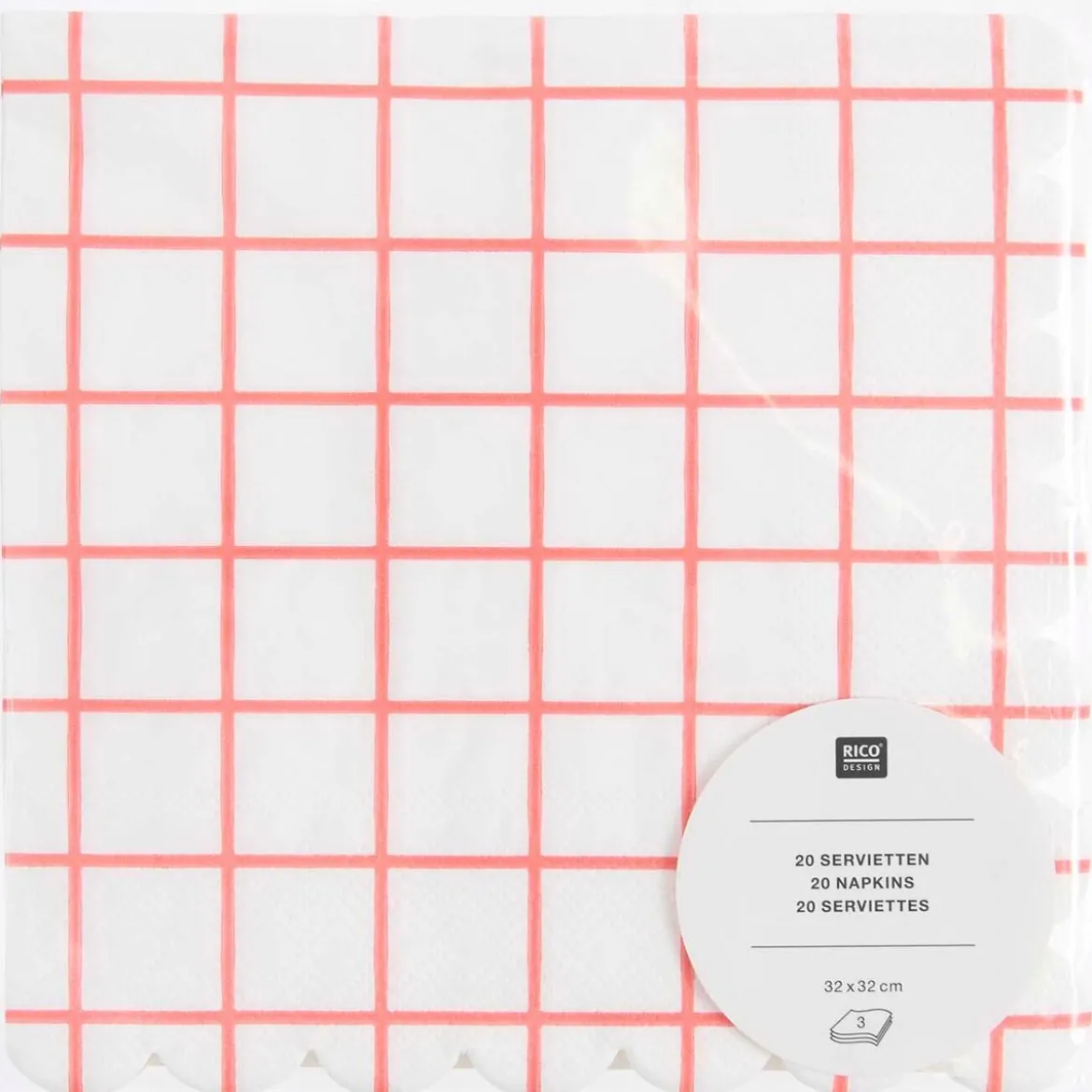 Servietten Gitterkaro Neon Pink mit Wellenrand von Rico Design, 20 Stück