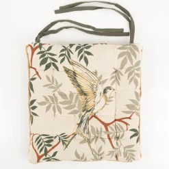 Sitzkissen mit Bindebändern Vogel Blätter grün beige gold 38x38cm