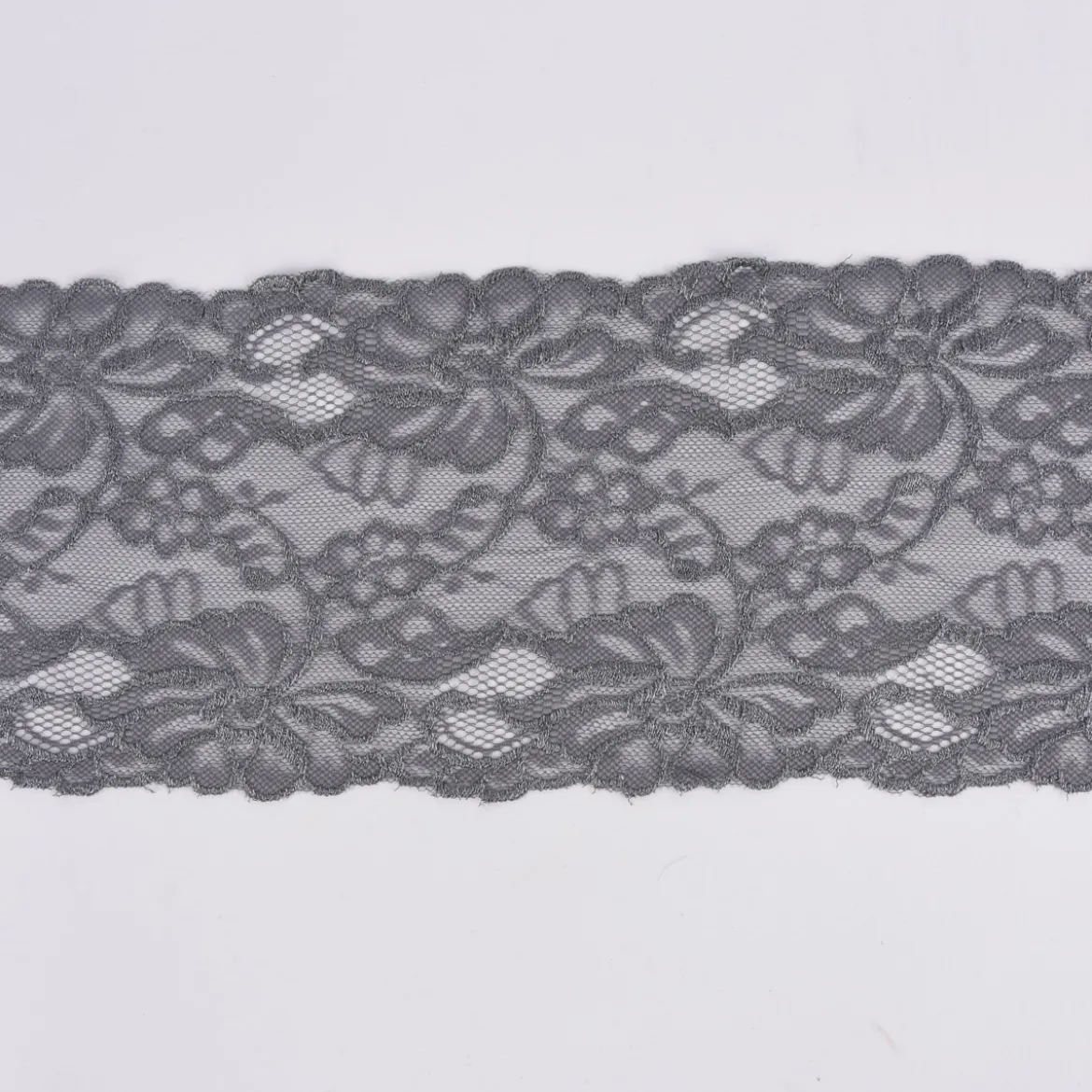 Spitze elastisch Blumen Meterware grau Breite: 15cm