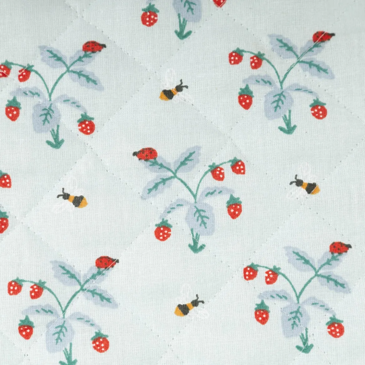 Steppstoff Baumwolle Wendestoff Erdbeeren Bienen hellblau 1,38m Breite