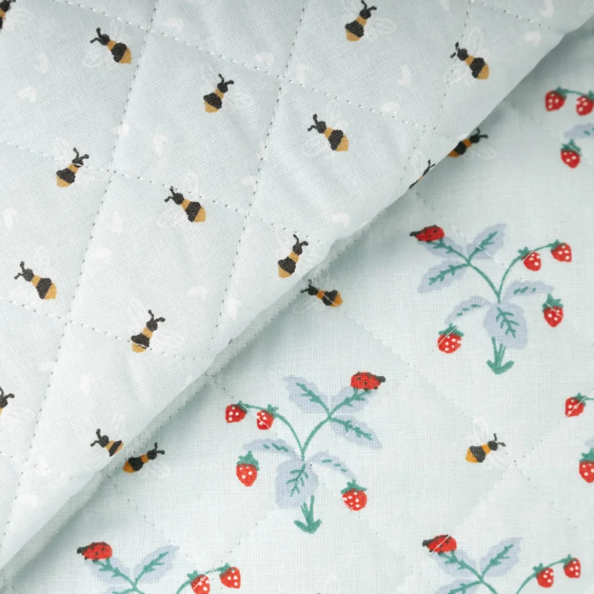 Steppstoff Baumwolle Wendestoff Erdbeeren Bienen hellblau 1,38m Breite