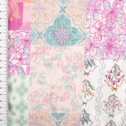 Steppstoff Musselin Stoff Blumen Patches Digitaldruck ecru rosa türkis 1,30m Breite