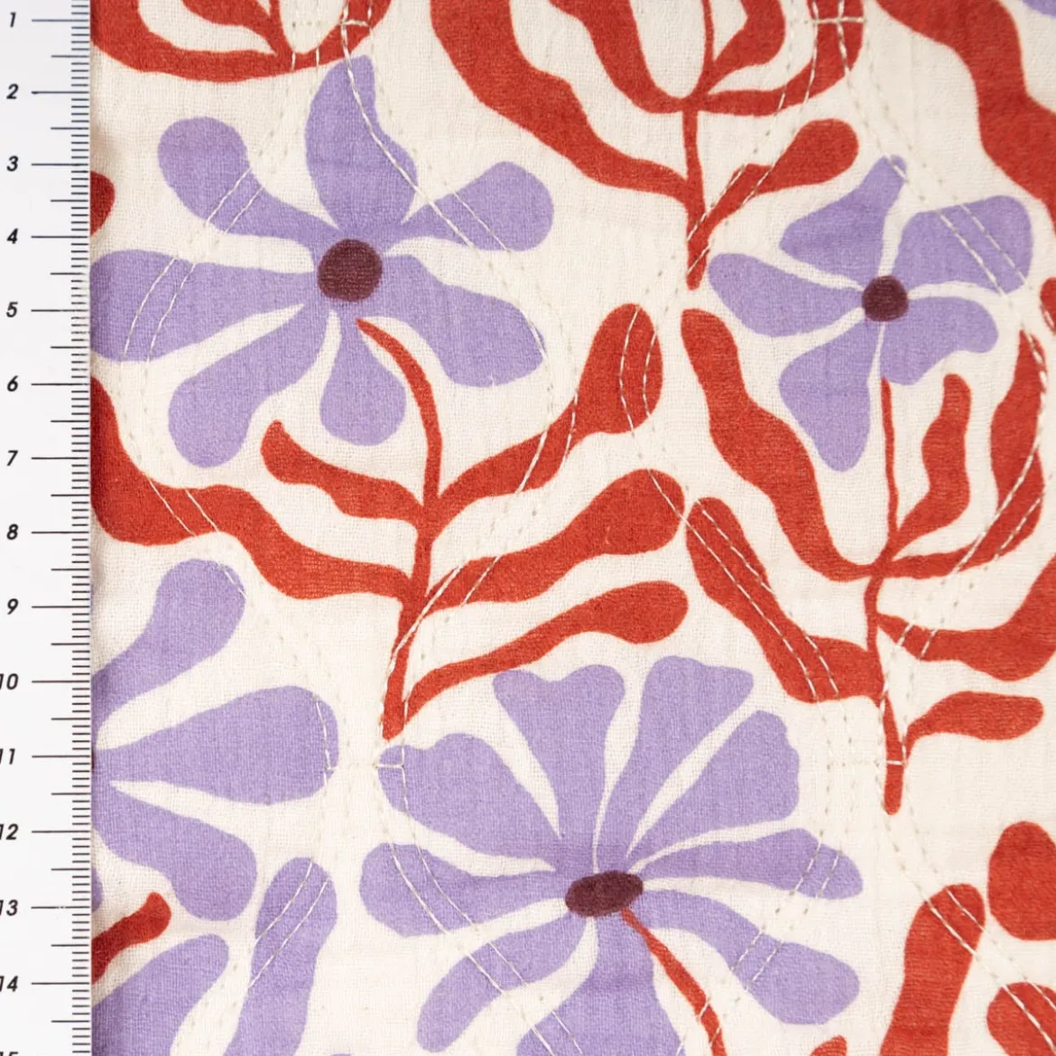 Steppstoff Musselin Stoff Blumen Retro natur rot lila 1,30m Breite
