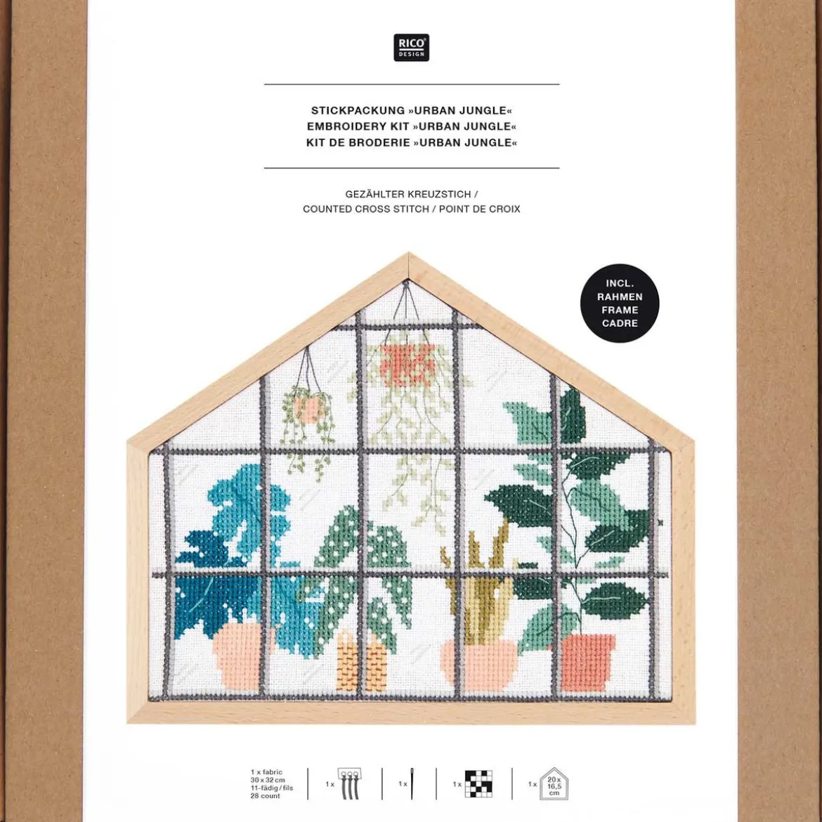 Stickpackung gezählter Kreuzstich Urban Jungle mehrfarbig 20x16,5cm von Rico Design