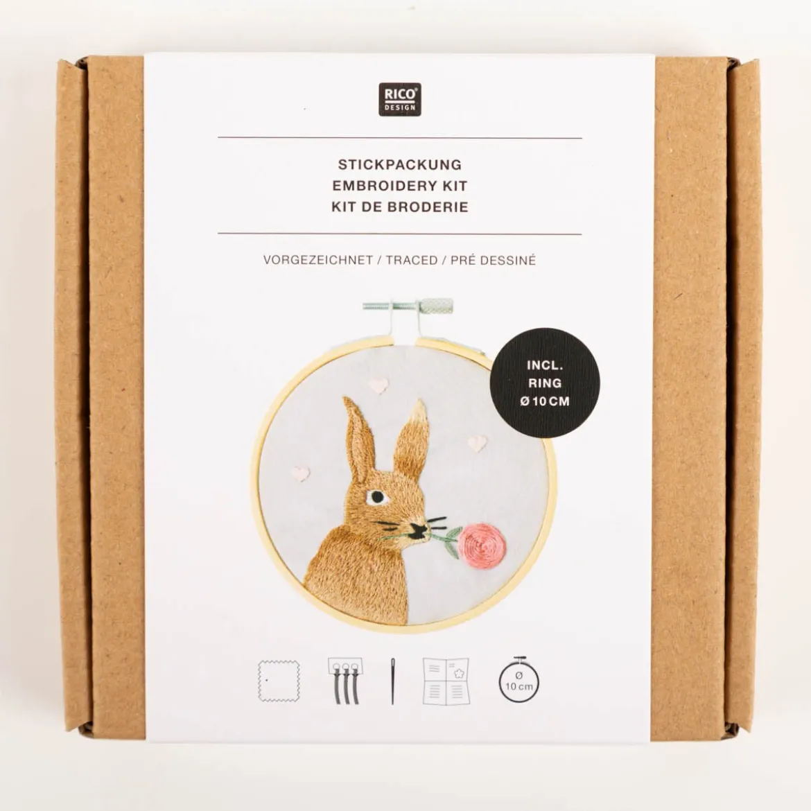 Stickpackung Hase mit Blume Set mit Stickring 10cm D von Rico Design