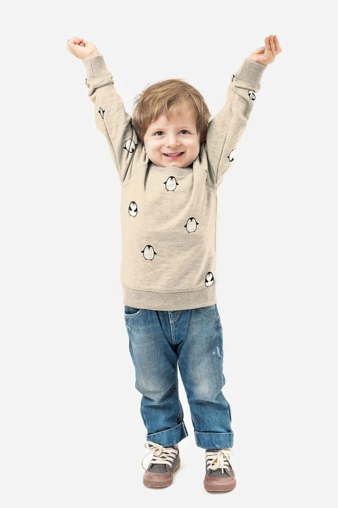 Sweat Stoff angeraut Pinguine beige 1,50m Breite
