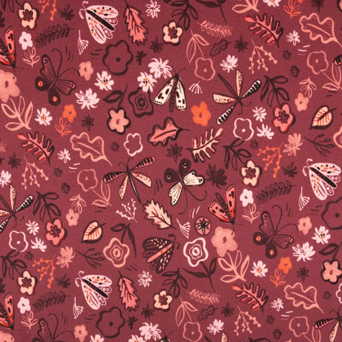 Sweatstoff aus Baumwolle Blumen Schmetterlinge Digitaldruck bordeaux 1,48m Breite
