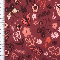 Sweatstoff aus Baumwolle Blumen Schmetterlinge Digitaldruck bordeaux 1,48m Breite