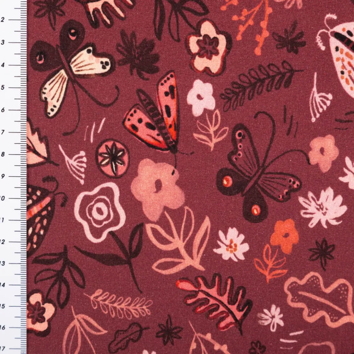 Sweatstoff aus Baumwolle Blumen Schmetterlinge Digitaldruck bordeaux 1,48m Breite