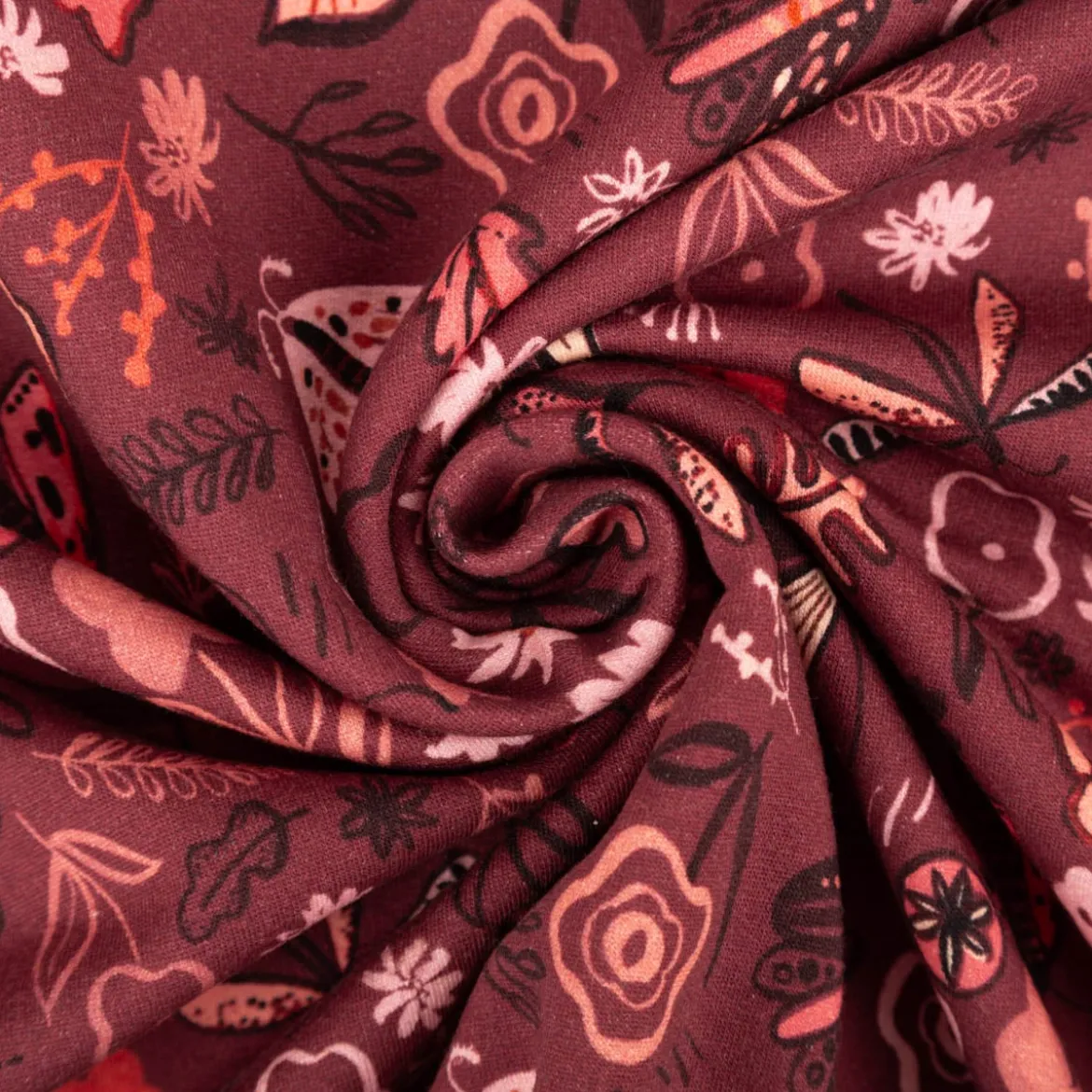 Sweatstoff aus Baumwolle Blumen Schmetterlinge Digitaldruck bordeaux 1,48m Breite