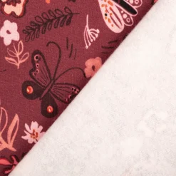 Sweatstoff aus Baumwolle Blumen Schmetterlinge Digitaldruck bordeaux 1,48m Breite