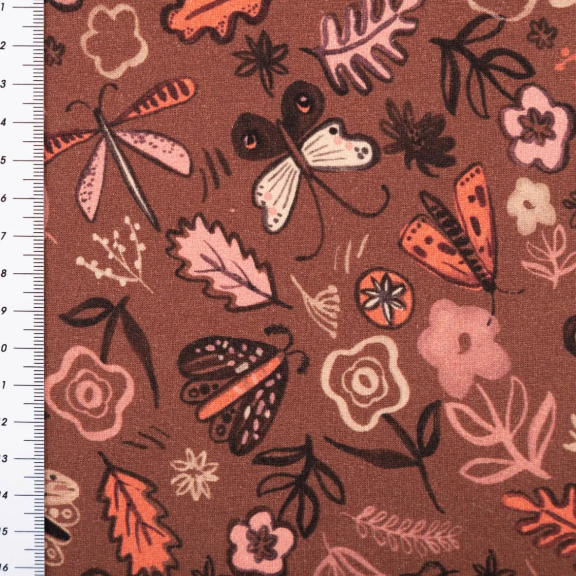 Sweatstoff aus Baumwolle Blumen Schmetterlinge Digitaldruck braun 1,48m Breite