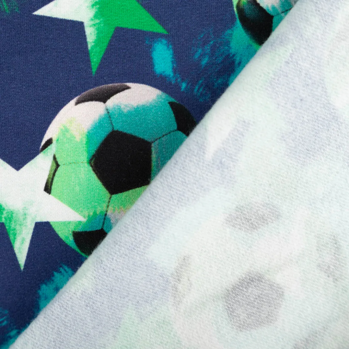Sweatstoff aus Baumwolle Digitaldruck Fußball Sterne dunkelblau grün 1,48m Breite