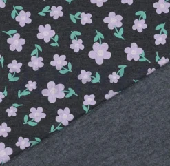 Sweatstoff aus Baumwolle Melange Flowers anthrazitgrau lila 1,38m Breite