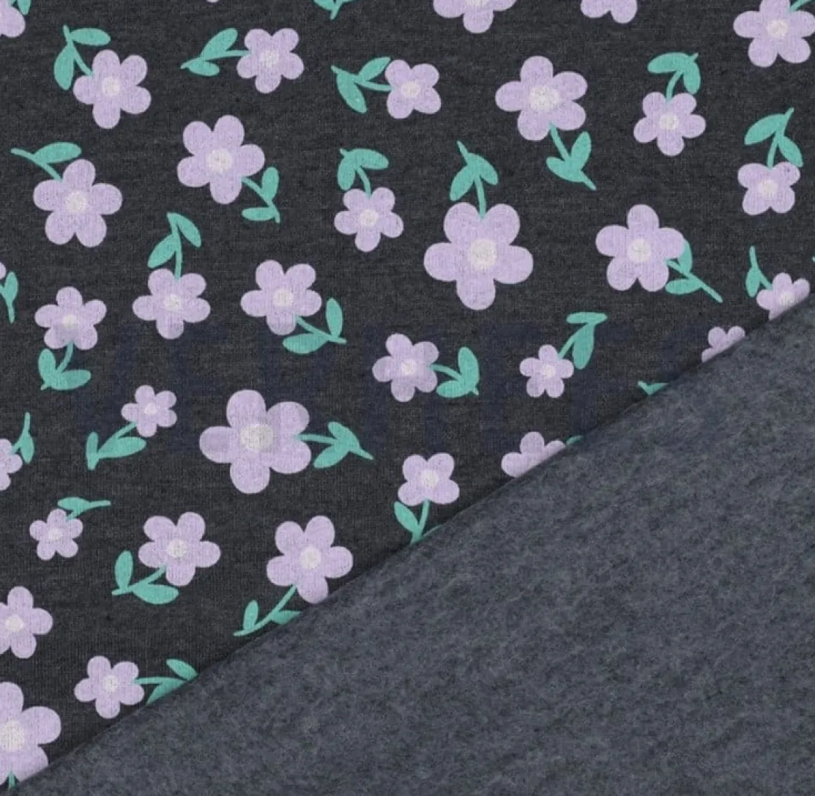 Sweatstoff aus Baumwolle Melange Flowers anthrazitgrau lila 1,38m Breite