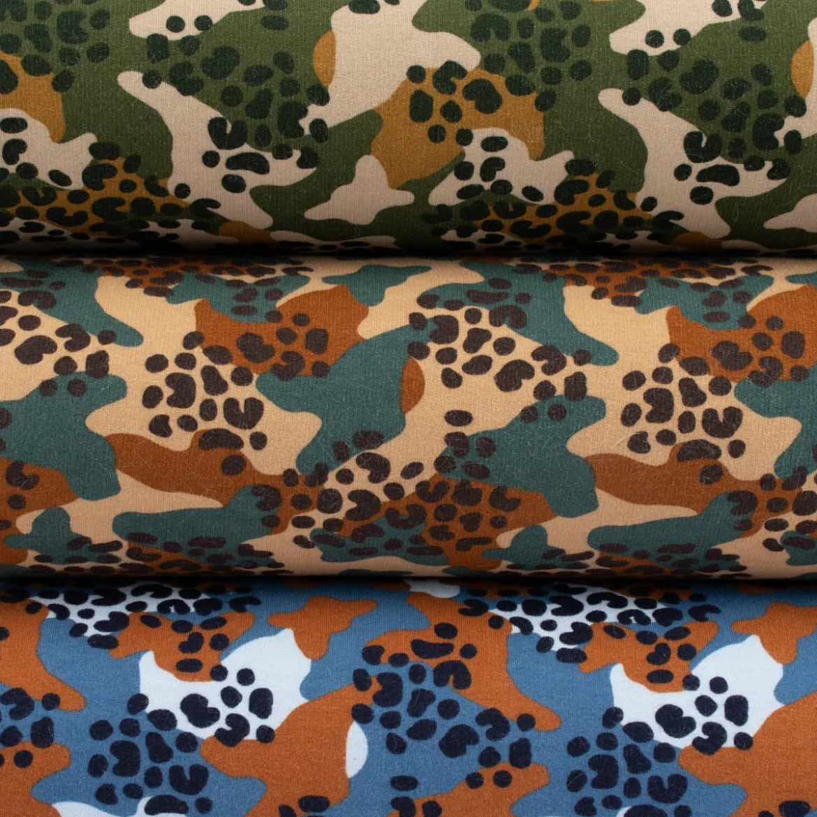 Sweatstoff Bio Soft Sweat dünn Camouflage Leo blau braun dunkelblau 1,5m Breite