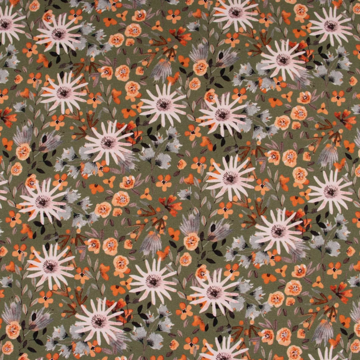 Sweatstoff Digitaldruck Aquarell Blumen Blätter khaki orange rosa 1,45m Breite