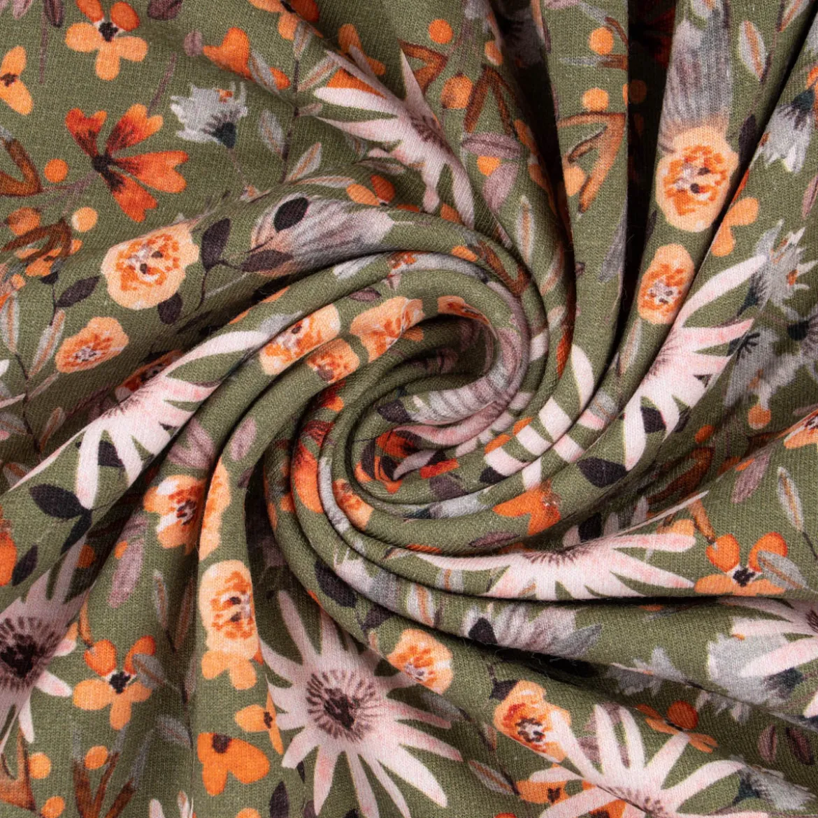 Sweatstoff Digitaldruck Aquarell Blumen Blätter khaki orange rosa 1,45m Breite