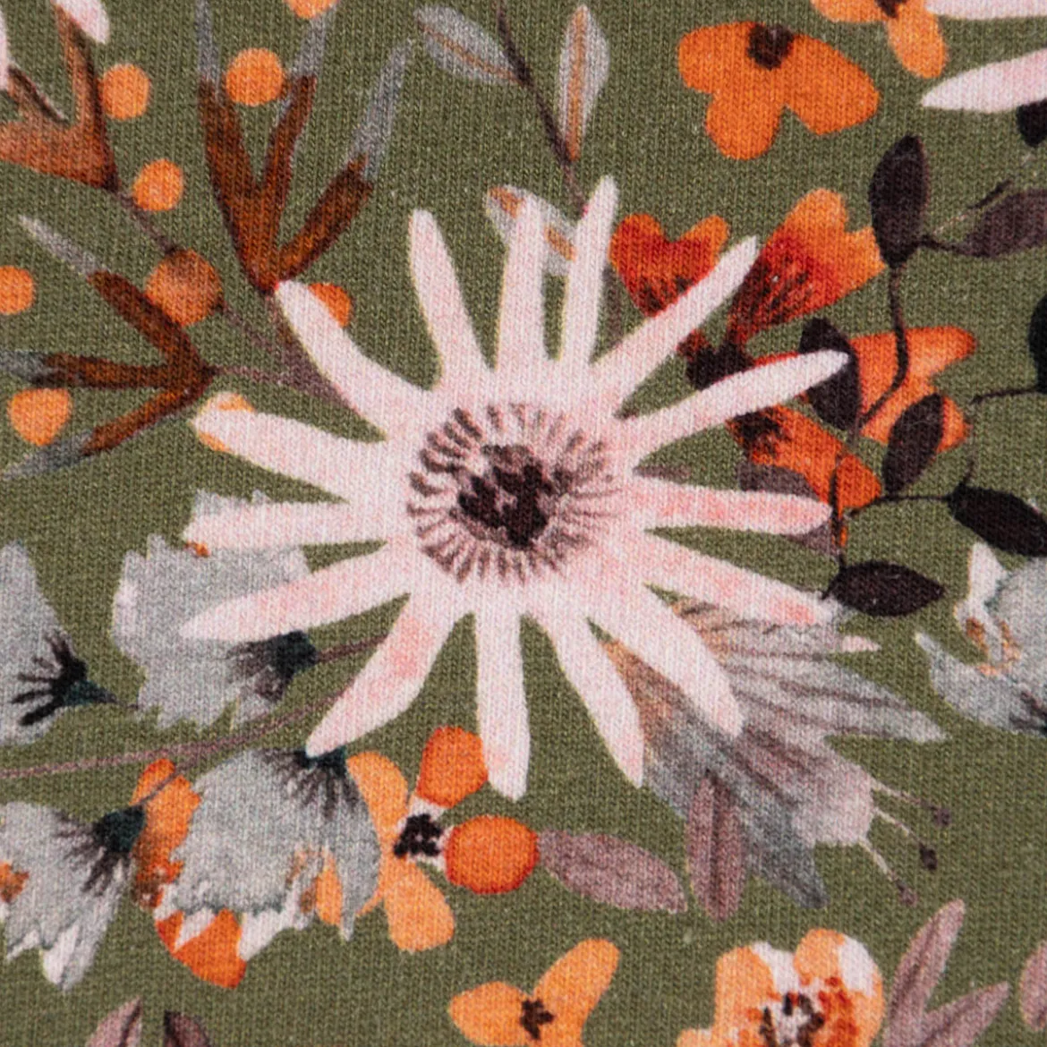 Sweatstoff Digitaldruck Aquarell Blumen Blätter khaki orange rosa 1,45m Breite