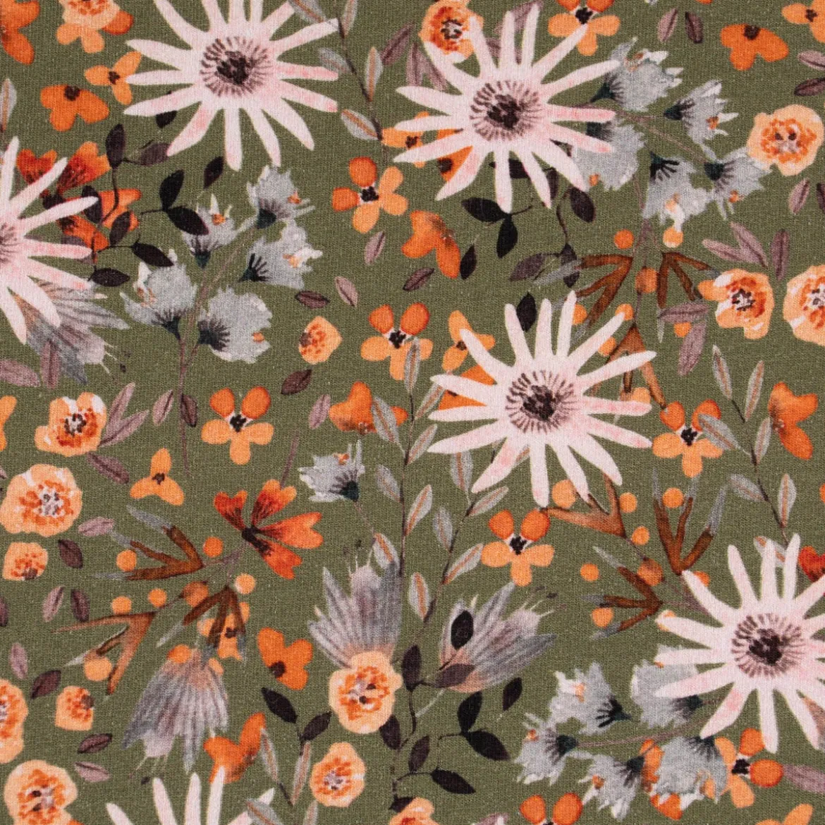Sweatstoff Digitaldruck Aquarell Blumen Blätter khaki orange rosa 1,45m Breite