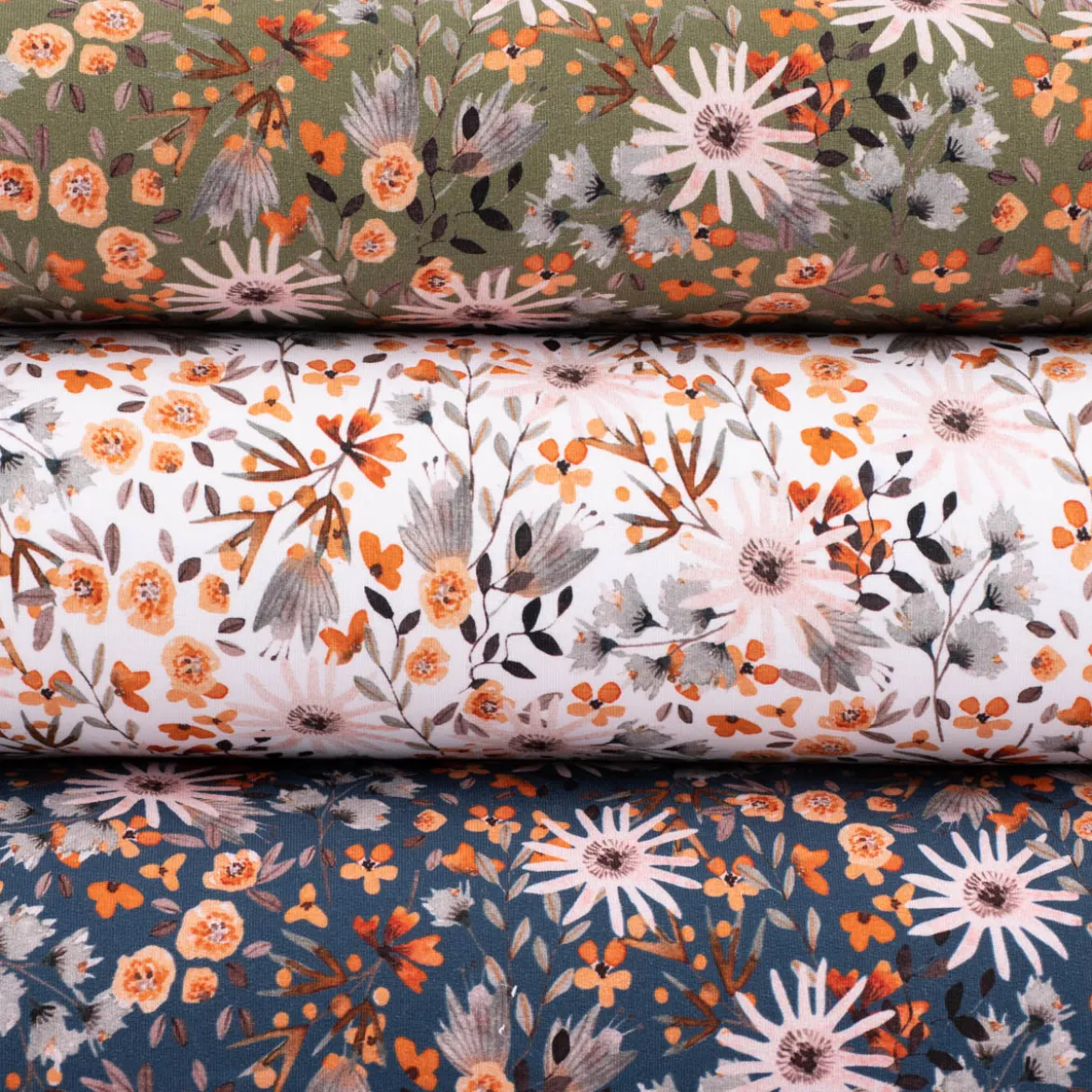 Sweatstoff Digitaldruck Aquarell Blumen Blätter khaki orange rosa 1,45m Breite