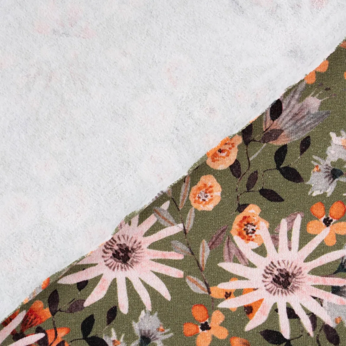 Sweatstoff Digitaldruck Aquarell Blumen Blätter khaki orange rosa 1,45m Breite