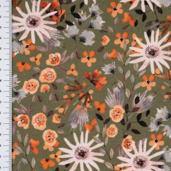 Sweatstoff Digitaldruck Aquarell Blumen Blätter khaki orange rosa 1,45m Breite