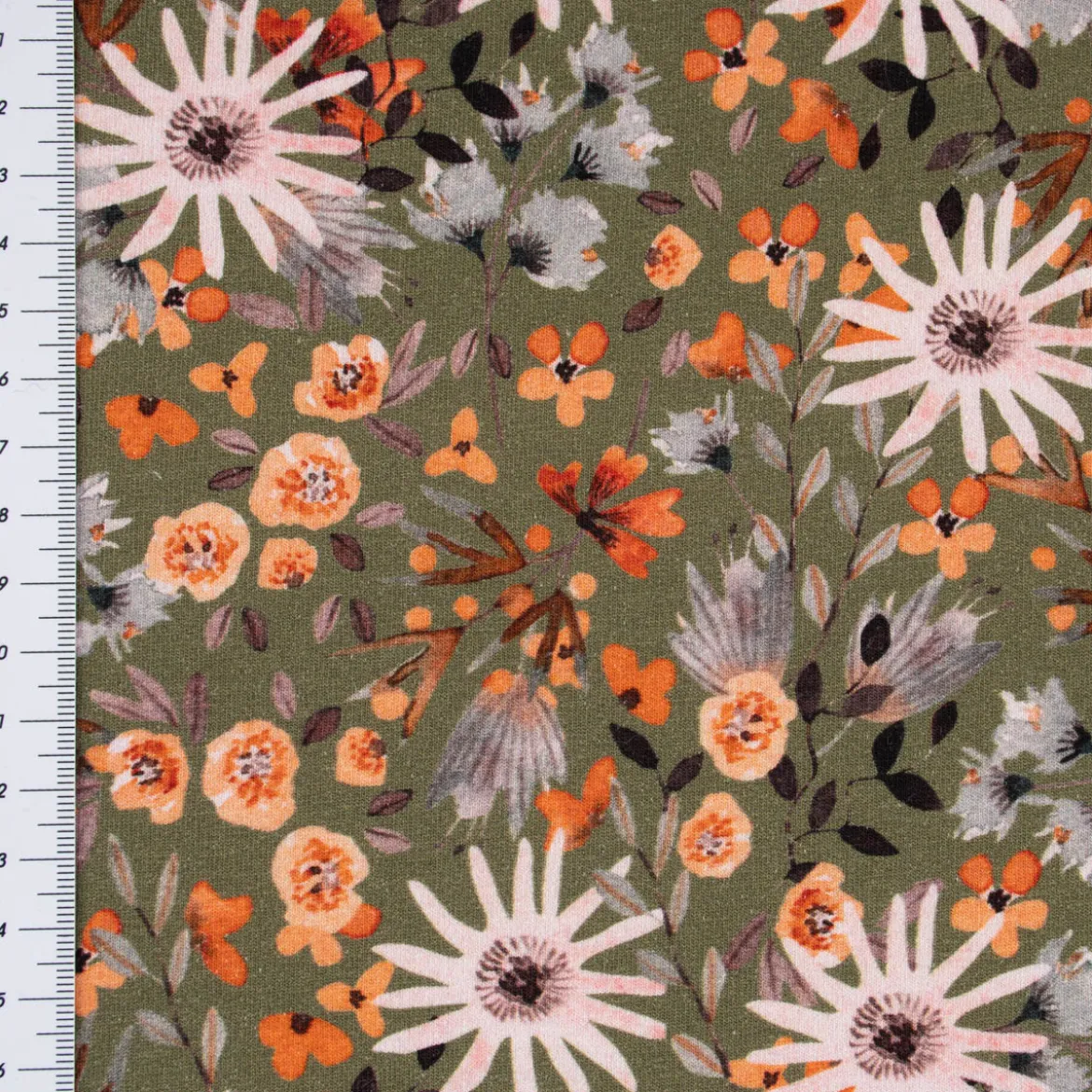 Sweatstoff Digitaldruck Aquarell Blumen Blätter khaki orange rosa 1,45m Breite