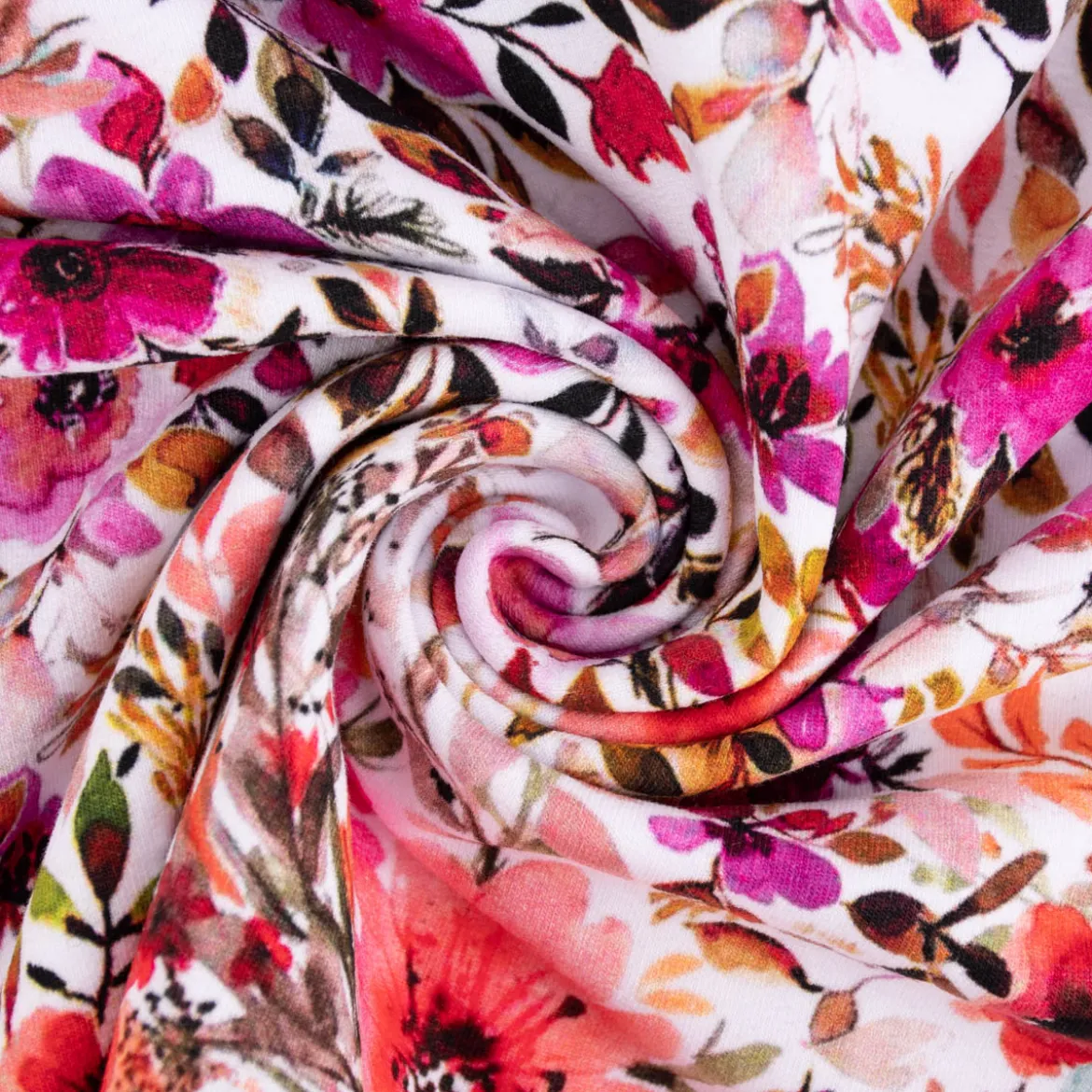 Sweatstoff Digitaldruck Blumen Blätter weiß bunt 1,45m Breite