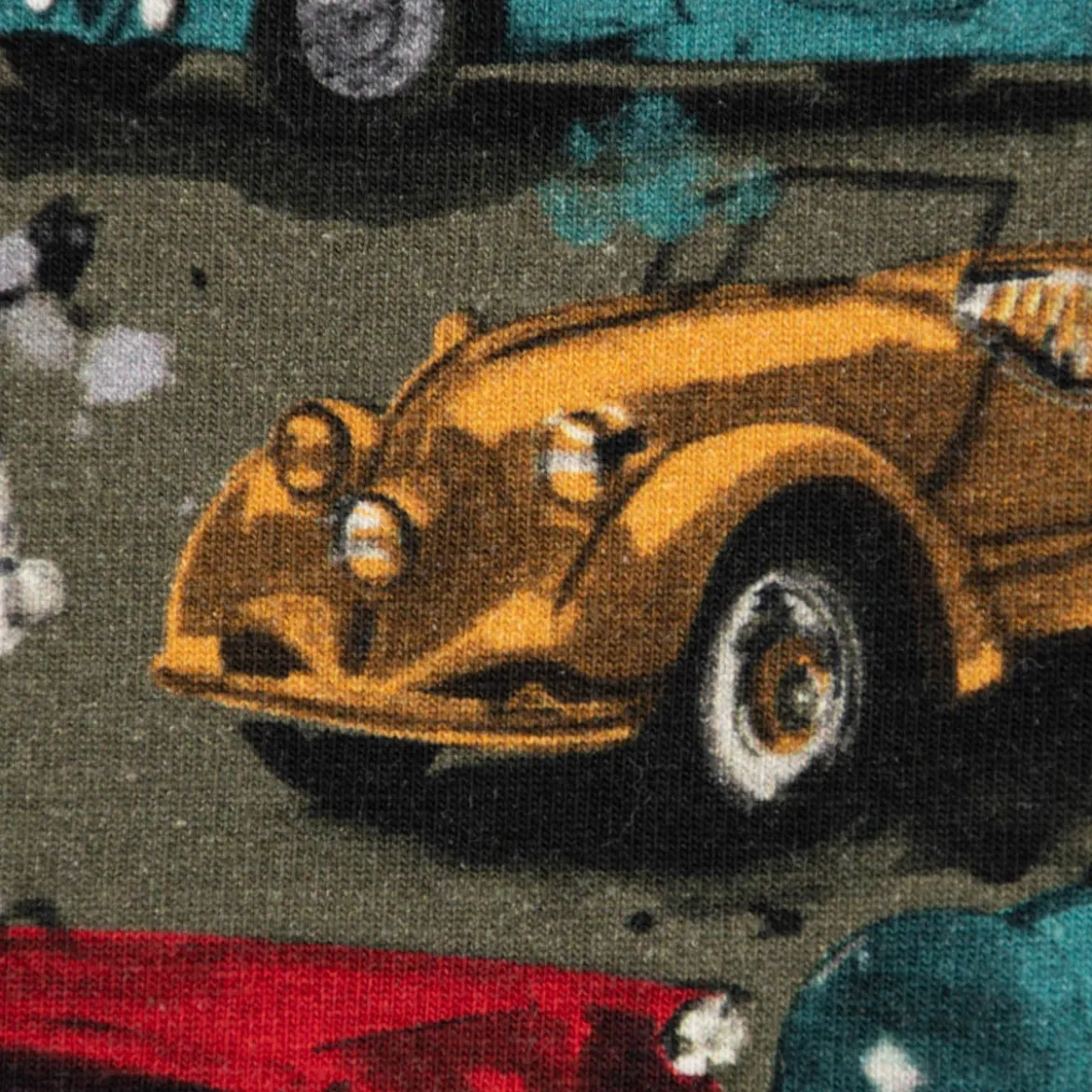 Sweatstoff Digitaldruck Oldtimer Autos grün rot gelb petrol 1,45m Breite