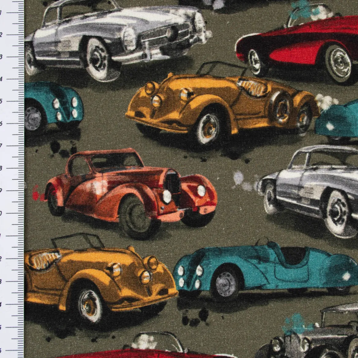 Sweatstoff Digitaldruck Oldtimer Autos grün rot gelb petrol 1,45m Breite