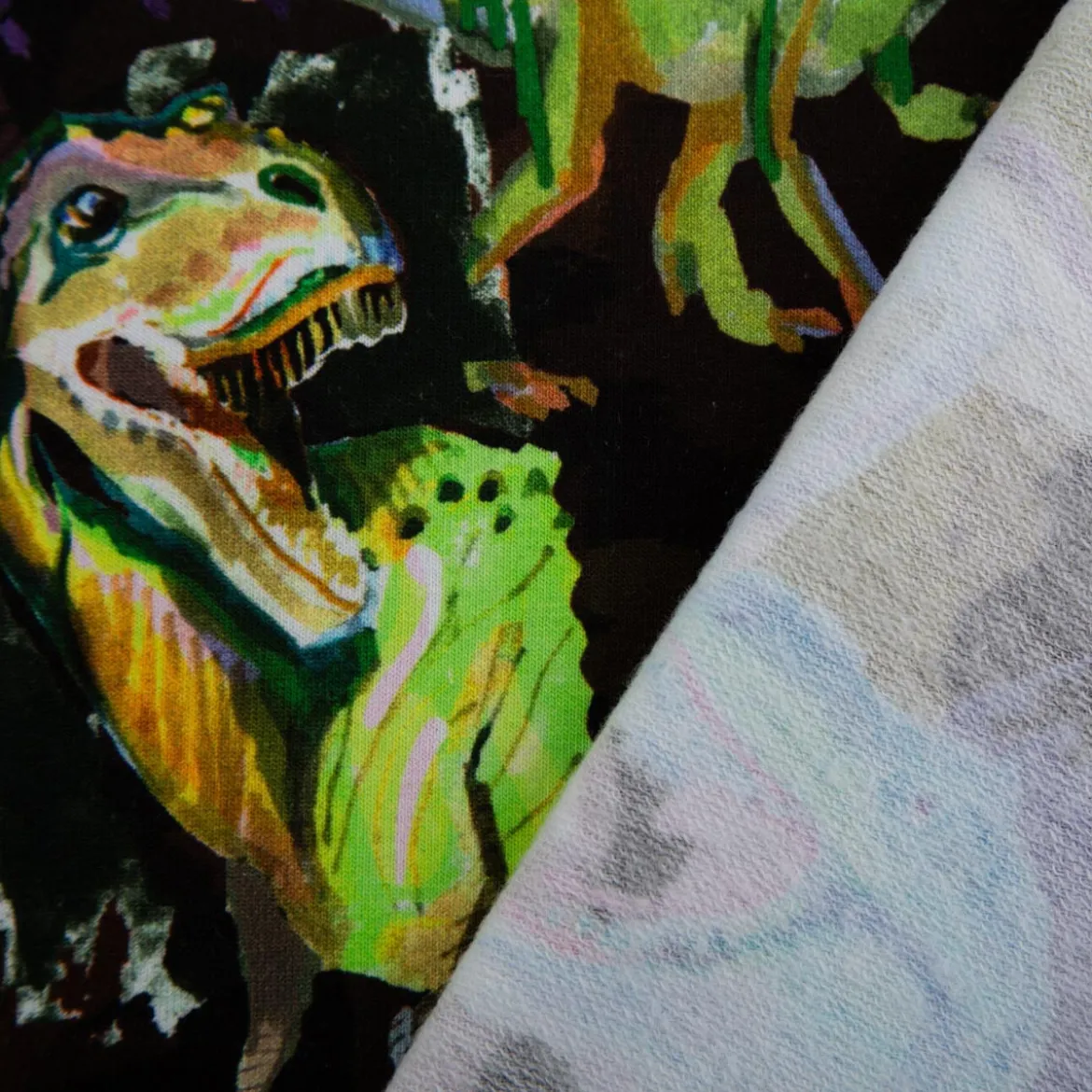 Sweatstoff Dinosaurier Digitaldruck schwarz, grün, blau, orange 1,40m Breite
