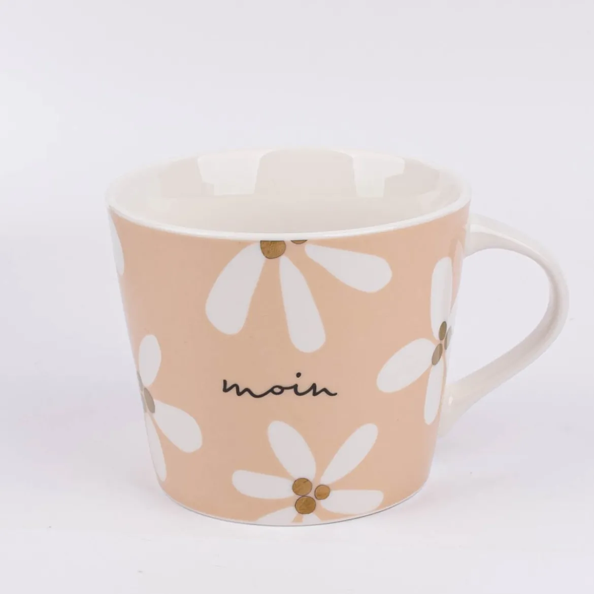 Tasse Goldtasse aus Porzellan Moin Blumenmuster orange weiß schwarz gold 420ml von Schreibkram Manufaktur