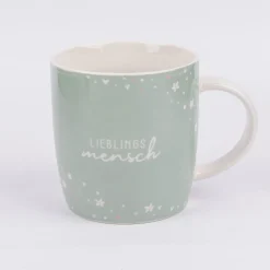 Tasse Gute Laune aus Porzellan Lieblingsmensch Blumen Herzen mintgrün weiß rosa 300ml von Grafik Werkstatt
